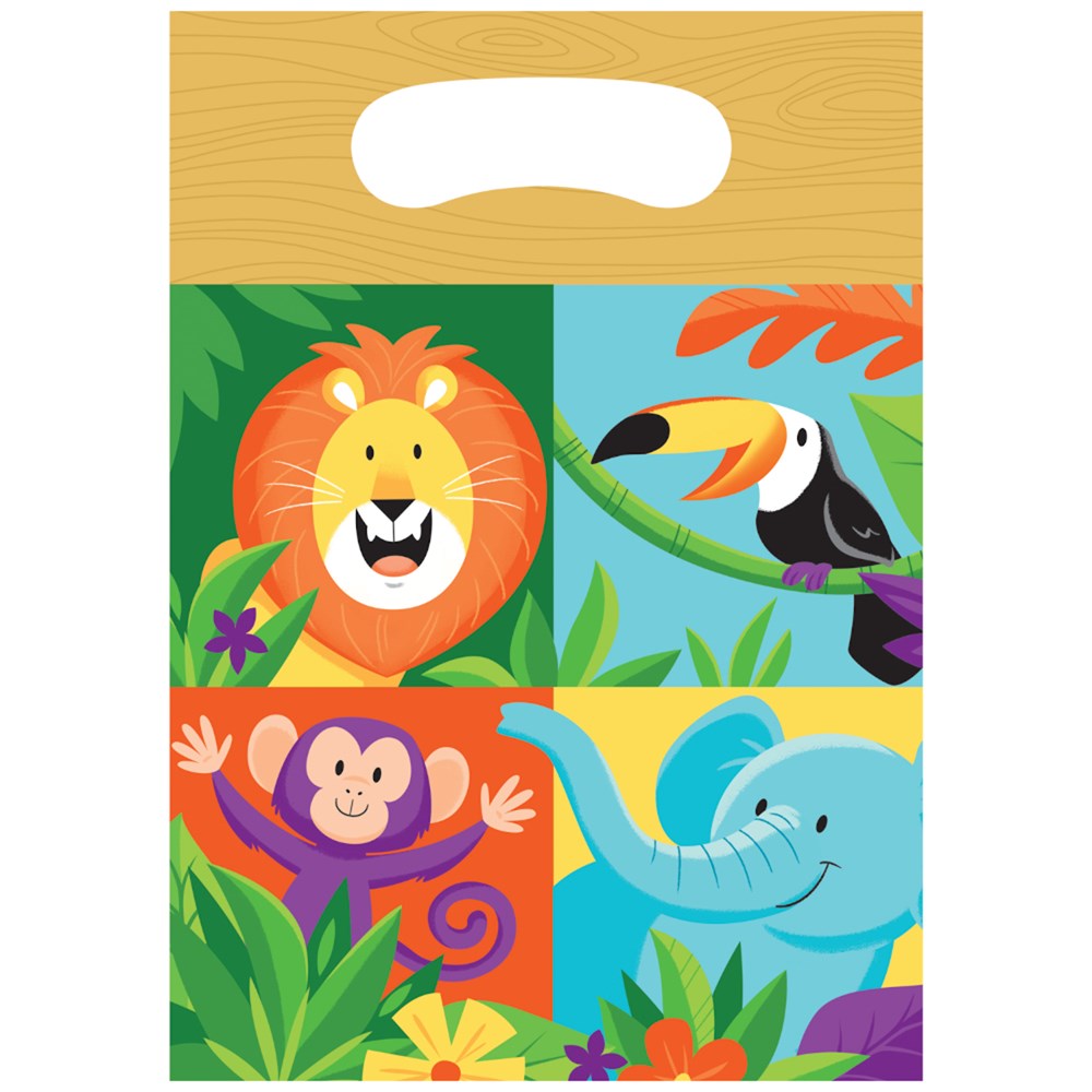 Colorful jungle-themed lootbag with cartoon lion, toucan, monkey, and elephant on a handle tote design.