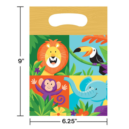 Colorful jungle-themed loot bag with smiling lion, toucan, monkey, and elephant illustrations on a 9 by 6.