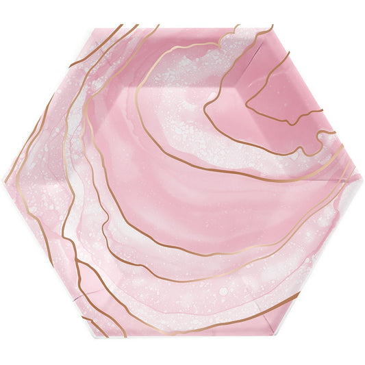 Hexagonal pink geode plate with gold veining and white marbled accents.