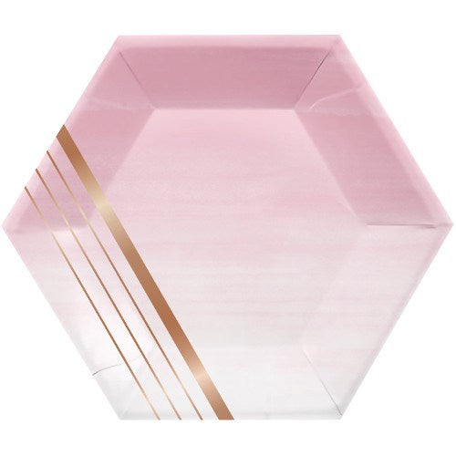 Hexagonal pink paper plate with metallic gold diagonal stripes on one corner.