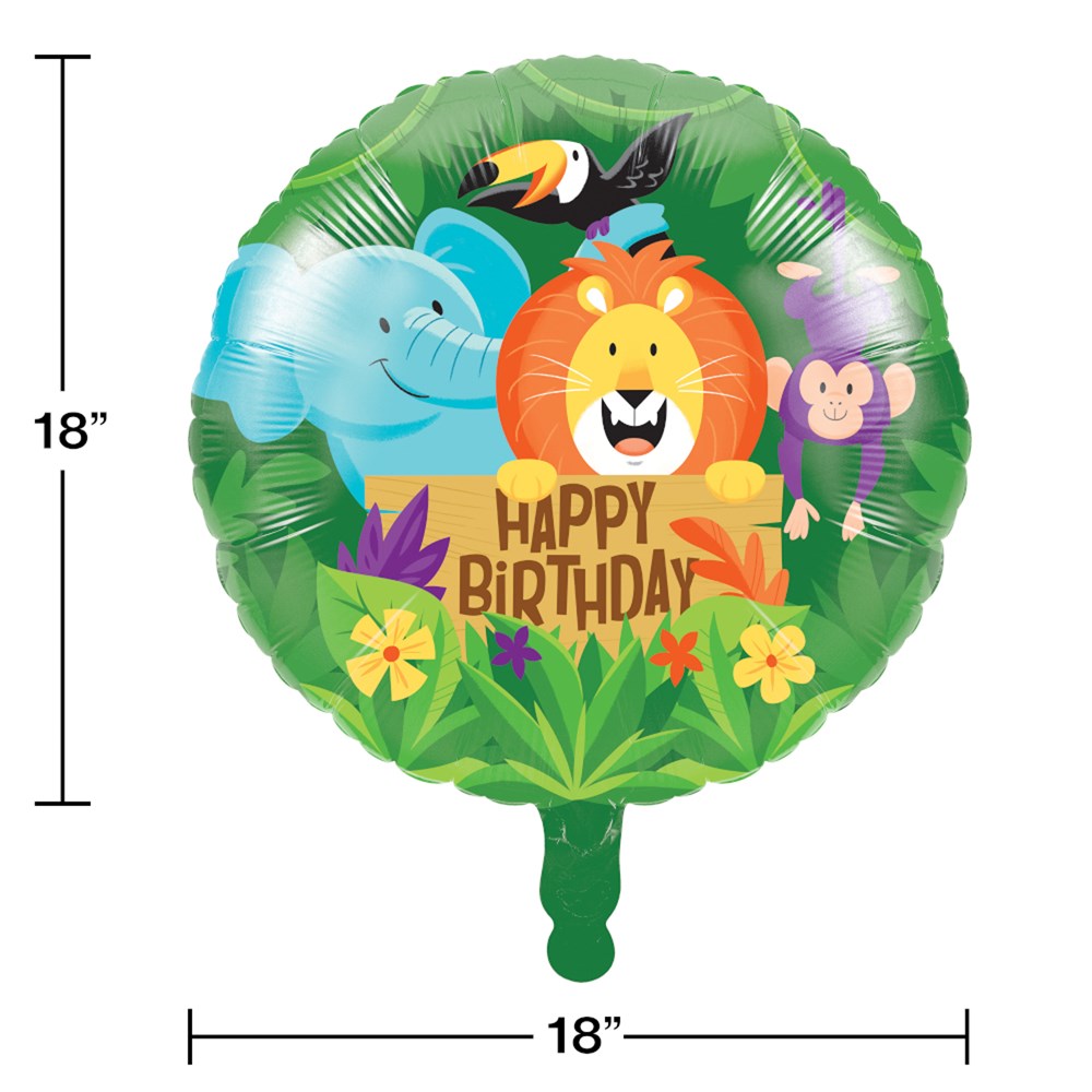 Round metallic balloon 18in with cartoon jungle animals and "Happy Birthday" text on green foliage background.