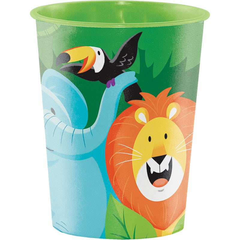 Green plastic cup with cartoon elephant, lion, and toucan on jungle background, 16oz size.