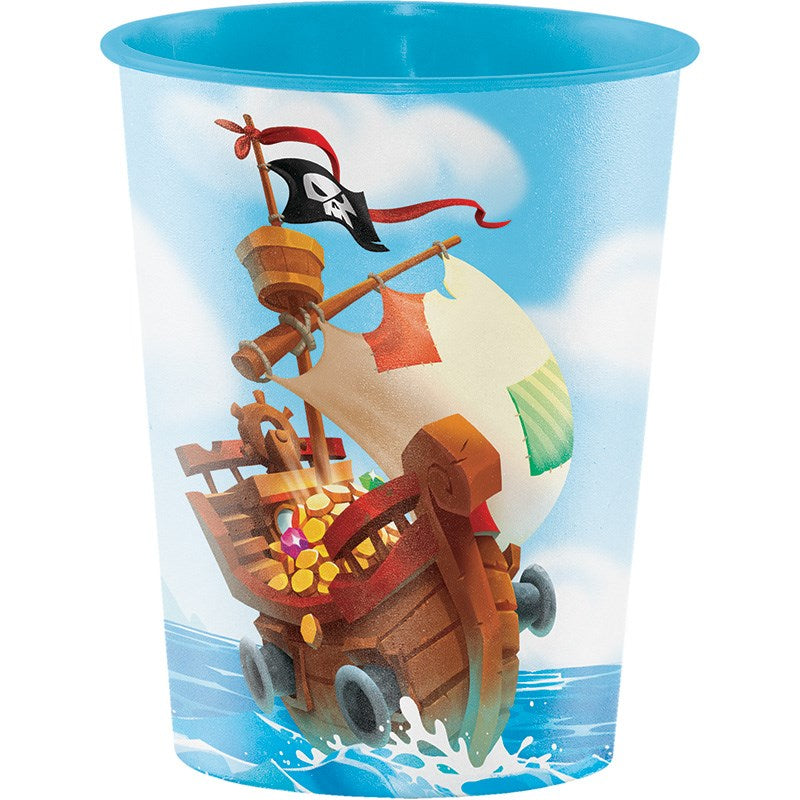 Blue plastic 16oz cup with a colorful pirate ship and treasure design on water background.