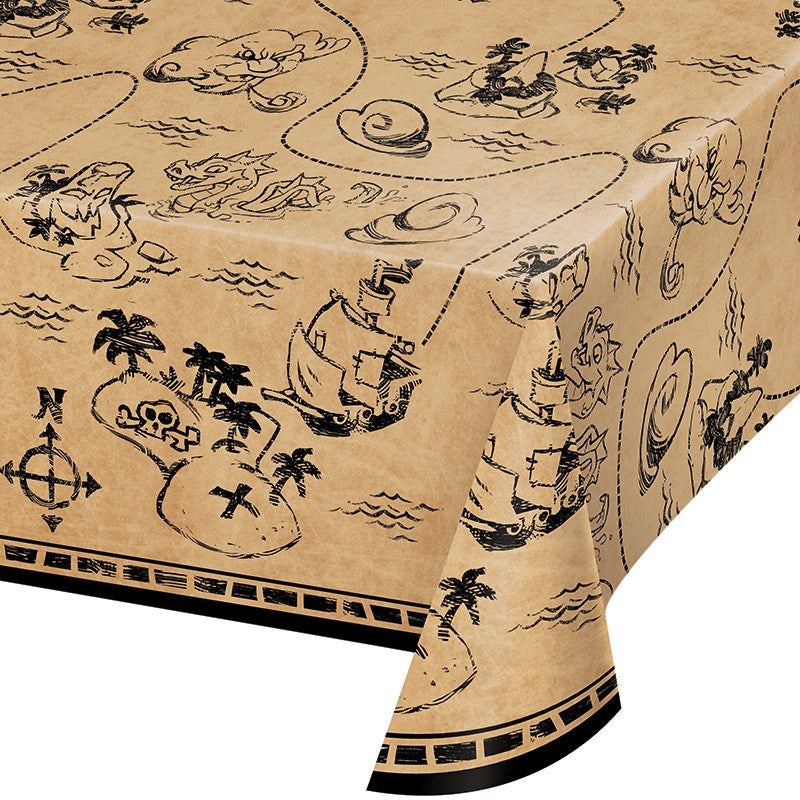 Brown plastic tablecover with black pirate ships, treasure maps, skulls, and compass prints.