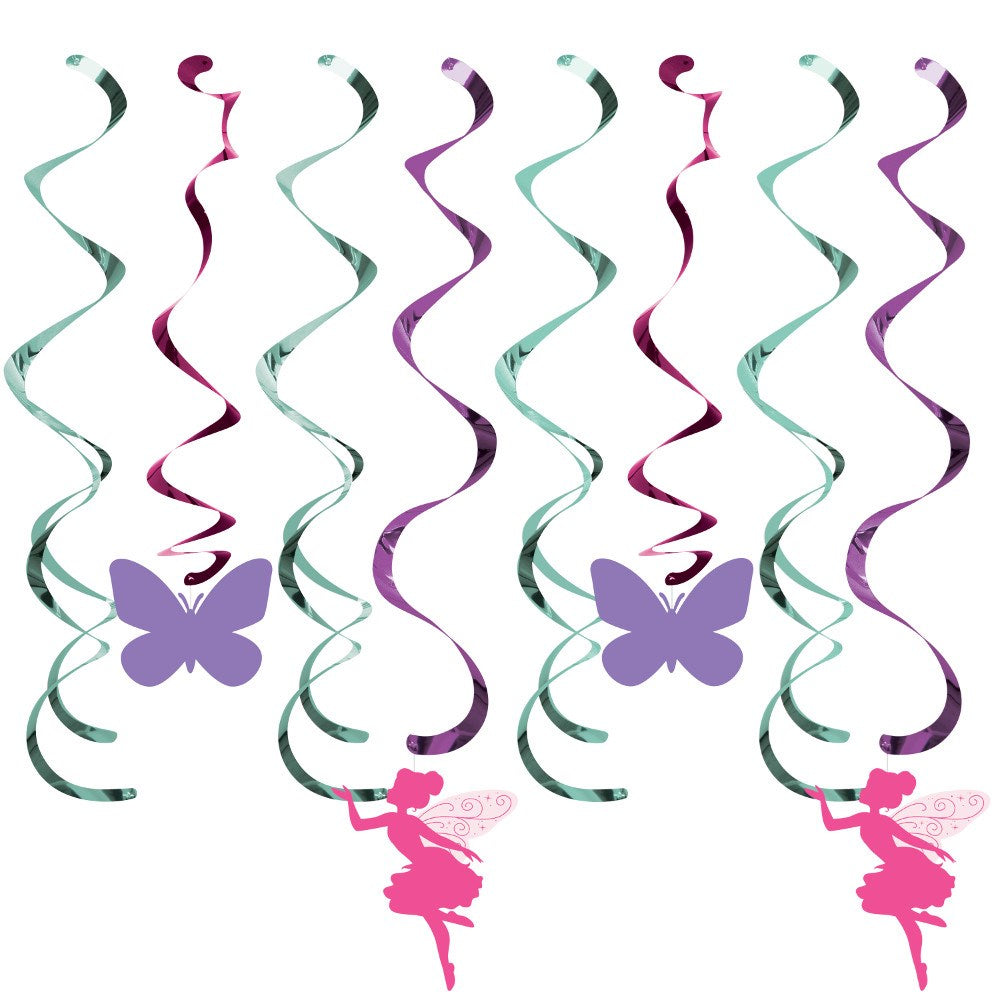 Five hanging spiral decorations in green, purple, and pink with purple butterflies and pink fairy silhouettes.