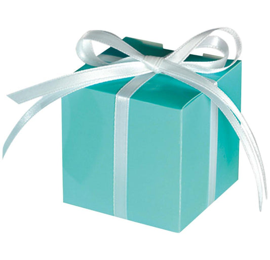 Robins egg blue favor box wrapped with white satin ribbon bow.