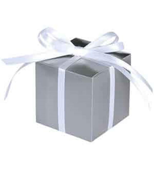 Silver favor box with white ribbon tied in a bow on top.