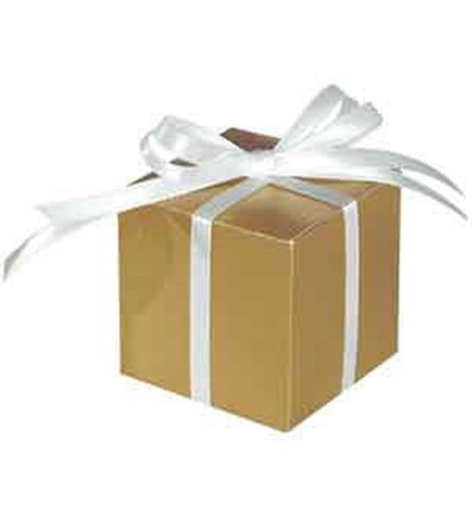Gold favor box with white ribbon tied in a bow on top.