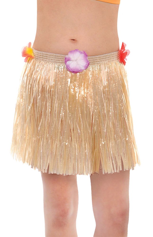 Gold plastic grass skirt for children with colorful flower accents at the waistband.