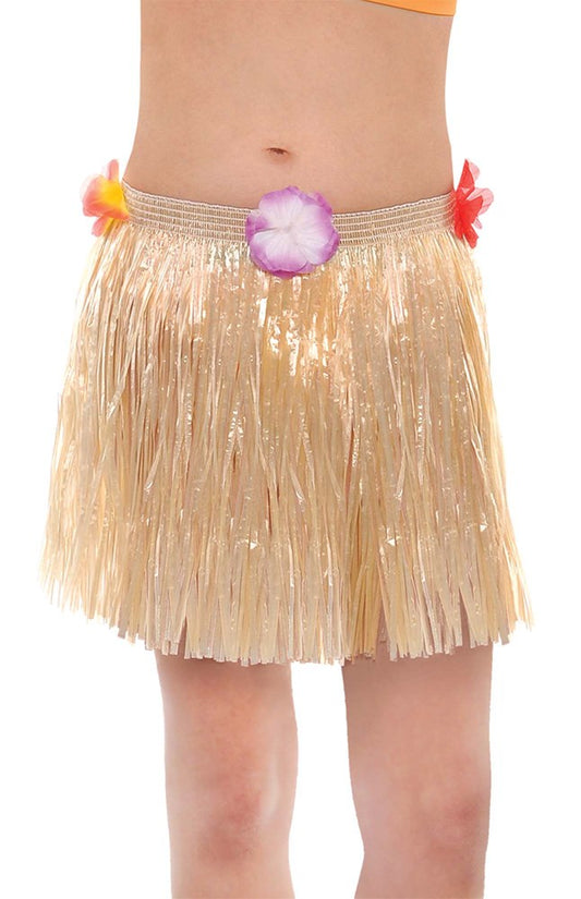 Gold plastic grass skirt for children with colorful flower accents at the waistband.