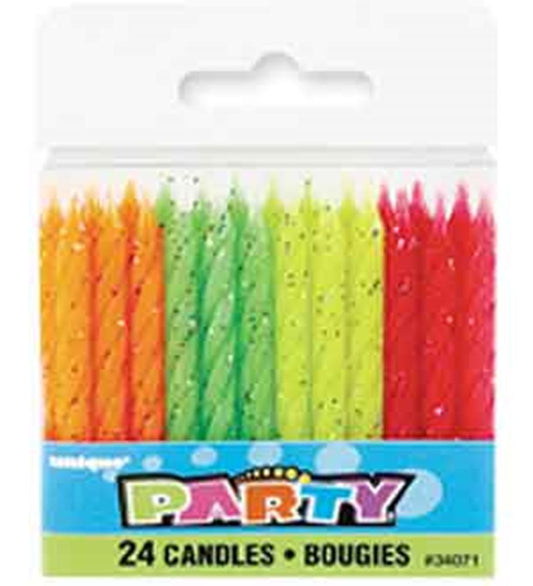 Pack of 24 neon glitter birthday candles in orange, green, yellow, and red with spiral grooves.