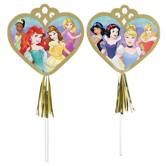 Heart-shaped paper wands with Disney princesses and gold metallic tassels, 8-pack.