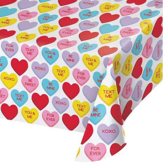 Valentines Decor Plastic Tablecover 54in x 102in AOP Candy Hearts 1ct