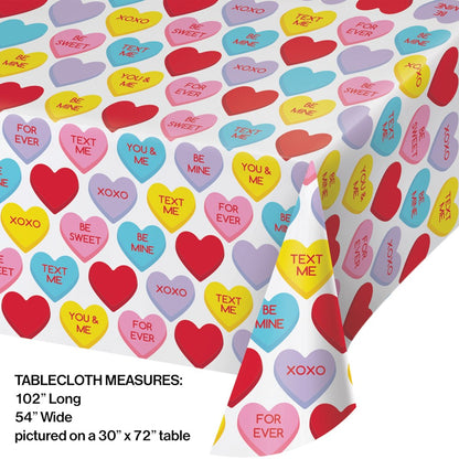 Valentines Decor Plastic Tablecover 54in x 102in AOP Candy Hearts 1ct