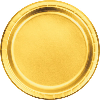 Round disposable dinner plate with a glossy gold foil finish and subtle raised edges.