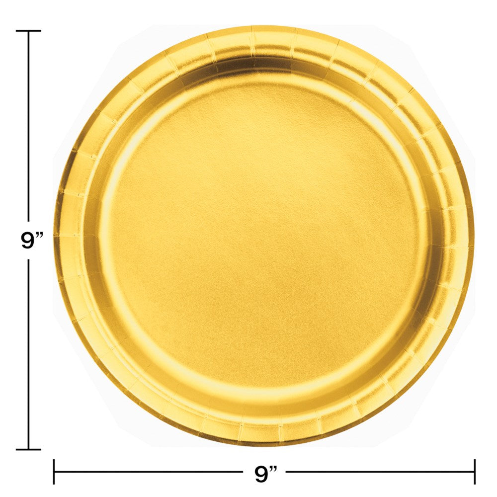 Round disposable dinner plate with shiny gold foil finish, 9 inches diameter.