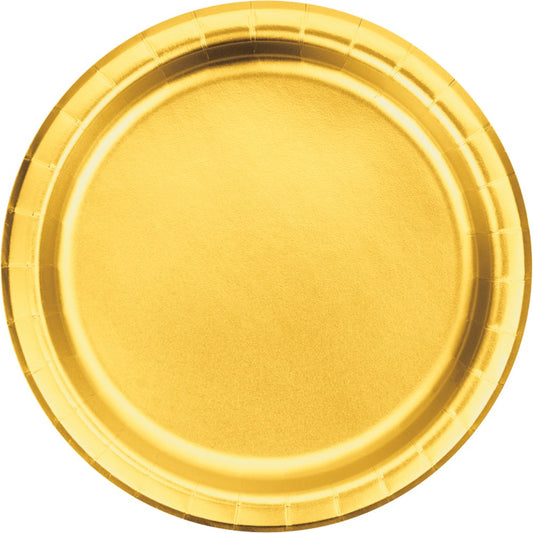 Round gold foil luncheon plate with slightly raised edge and decorative sheen.
