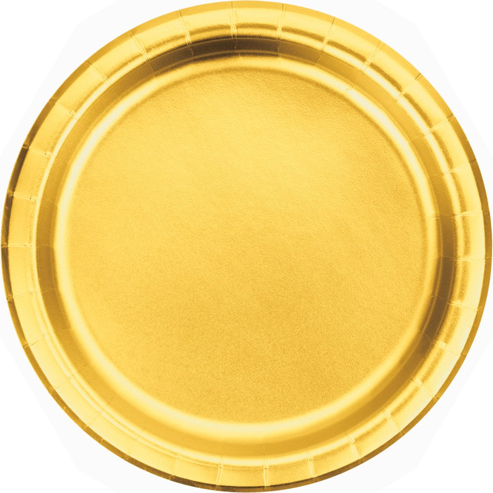 Round disposable luncheon plate with shiny gold foil finish and a slightly raised rim.