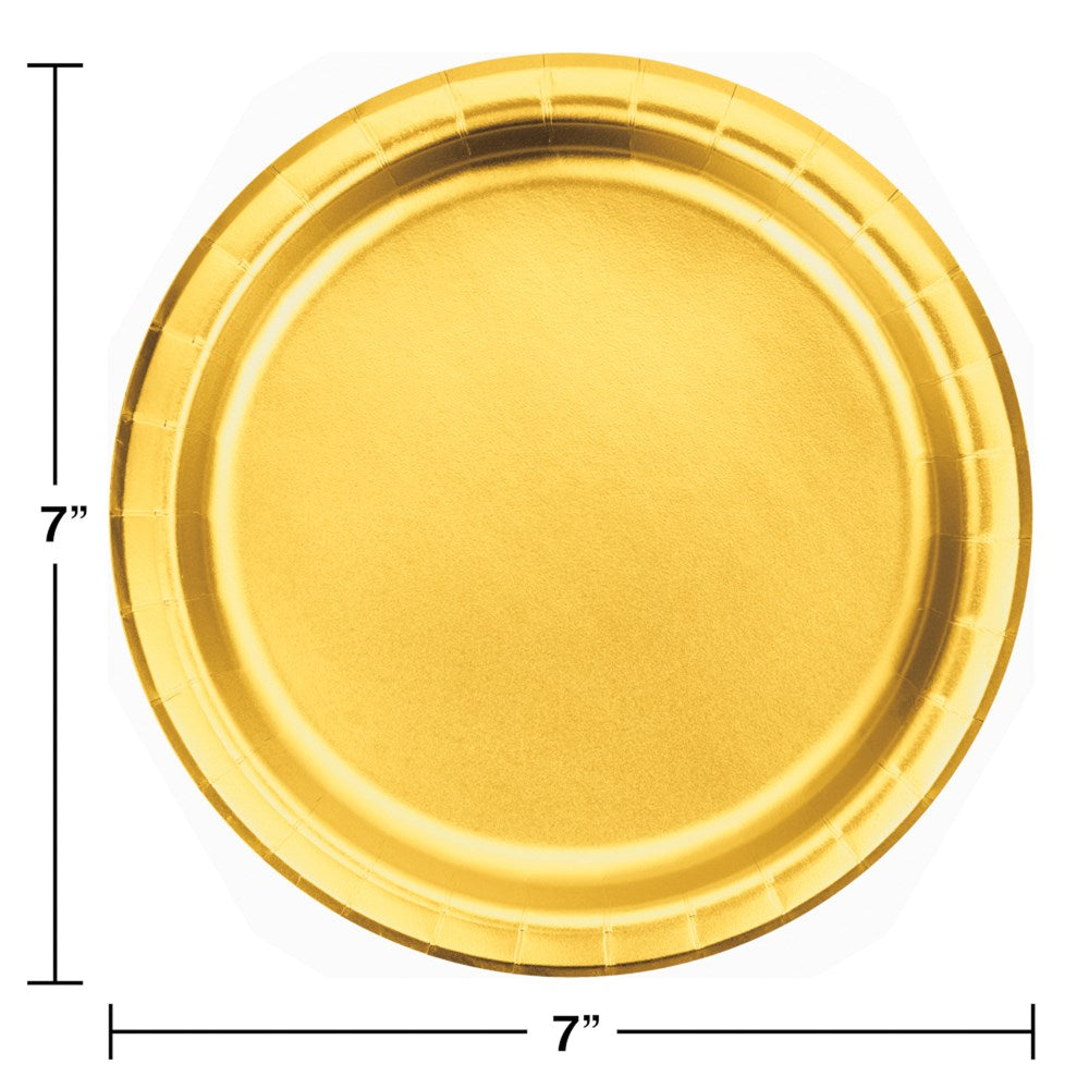 Round gold foil luncheon plate with a 7-inch diameter and slightly raised rim.