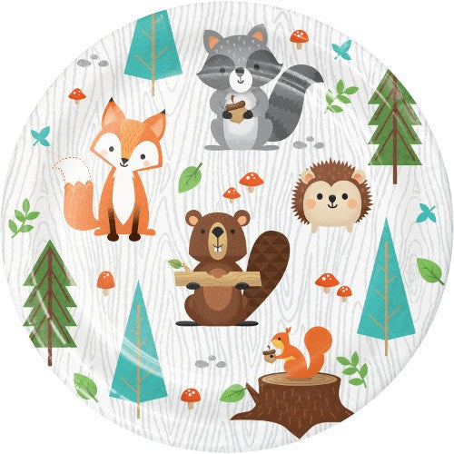 Round white paper plate with colorful woodland animals including a fox, raccoon, hedgehog, beaver, and squirrel, surrounded.