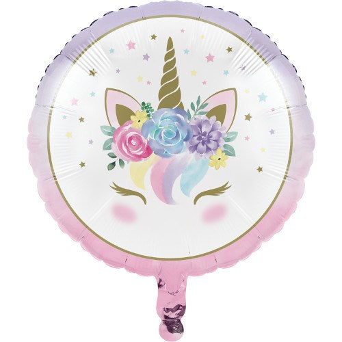 Round metallic balloon with a pastel unicorn face, golden horn, and floral crown on a white background with lavender edges.