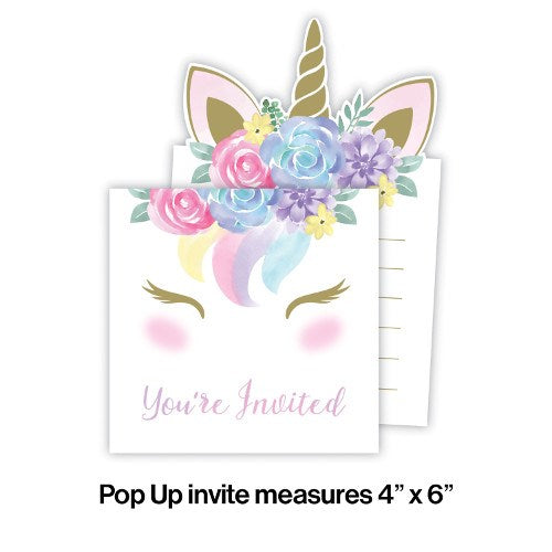 Pop-up baby invitation with gold unicorn horn, pastel floral crown, closed eyes, and "You're Invited" text in pink script.