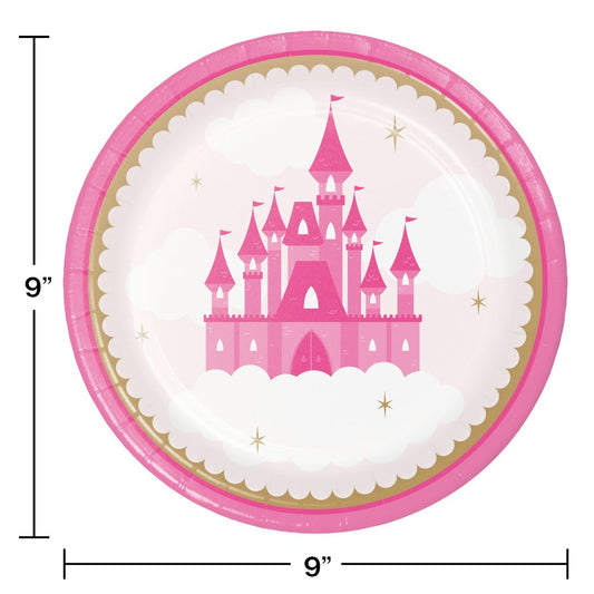Round 9-inch paper plate with pink castle graphic, scalloped white center, and pink border with gold accents.