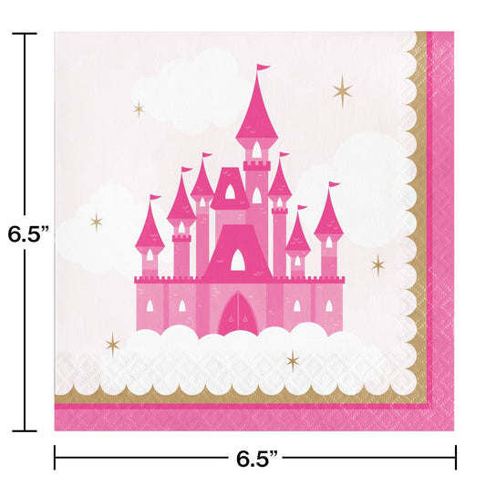 Square lunch napkin with scalloped edges, featuring a pink princess castle on a white background with gold stars and borders.