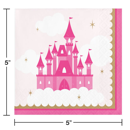 Pink and white square paper napkin with a scalloped edge, featuring a bright pink princess castle and gold star accents.
