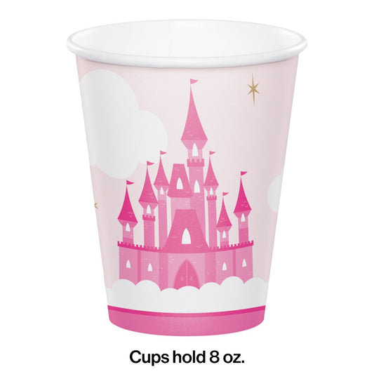 Pink paper cup with a fairy-tale castle design and star accents, holds 8 oz.