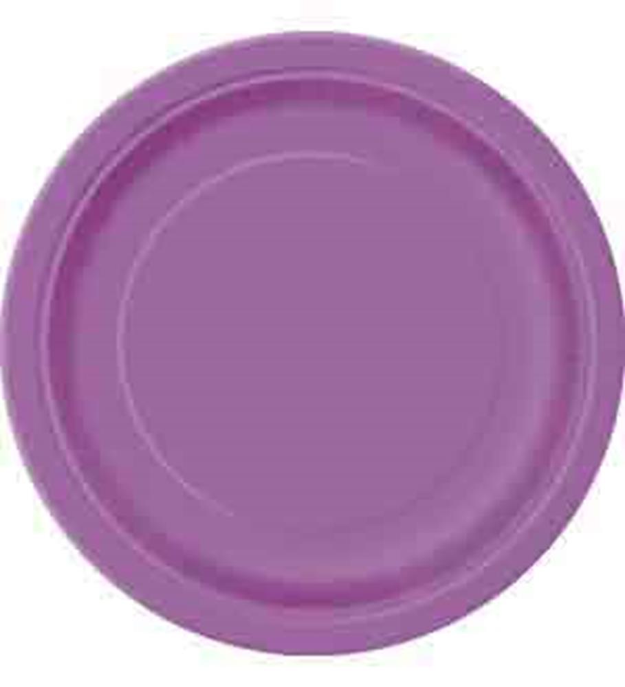 Round purple disposable plate with a smooth rim and slightly raised edge, 7 inches wide.