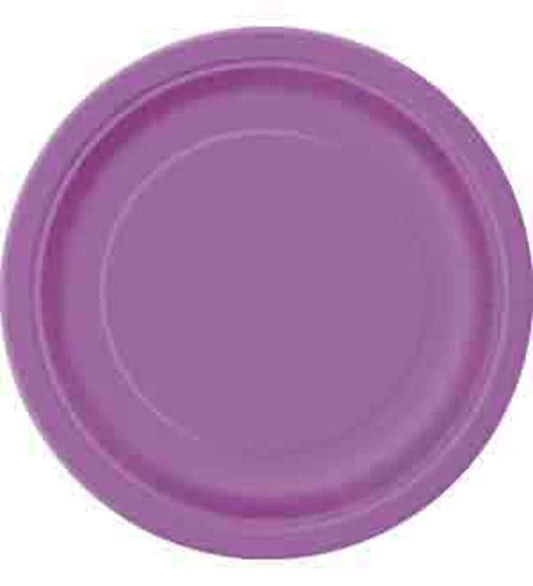 Round purple disposable plate with a smooth rim and slightly raised edge, 7 inches wide.