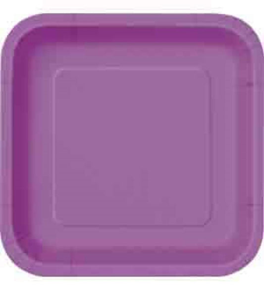 Stack of 7-inch square disposable plates in vibrant purple, made of lightweight material.