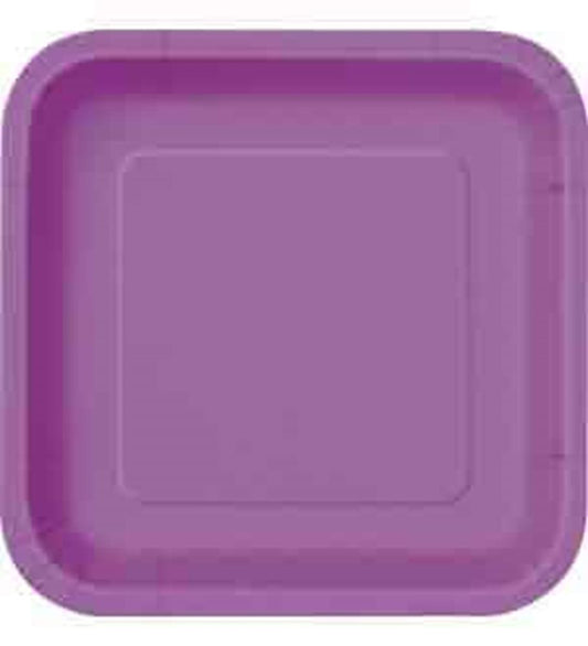 Square purple plate with rounded edges, 9 inches, matte finish, sturdy material.