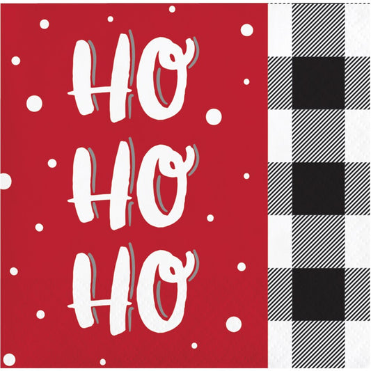 Red beverage napkin with white polka dots and large white "HO HO HO" text next to black and white buffalo plaid pattern.