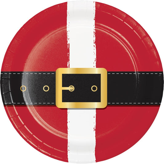 Round red paper plate with black belt and gold buckle design, white vertical stripe down center.