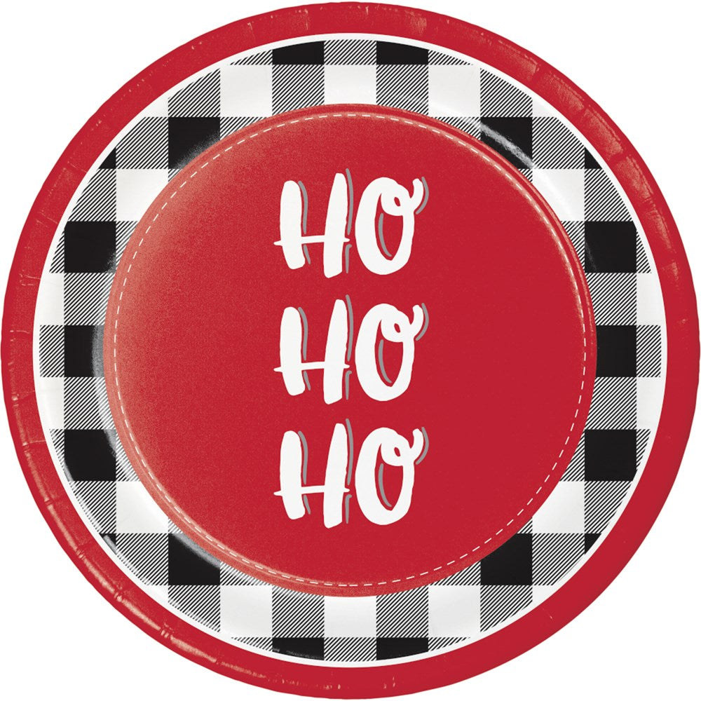 Round paper plate with red center displaying white "Ho Ho Ho" text, black and white buffalo plaid border, and red rim.