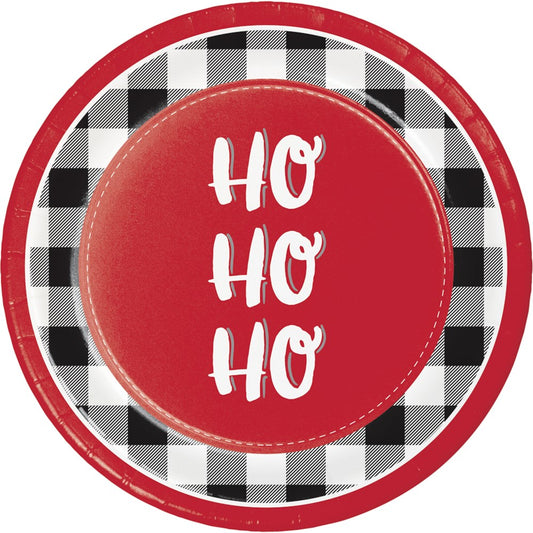 Round paper plate with red center displaying white "Ho Ho Ho" text, black and white buffalo plaid border, and red rim.