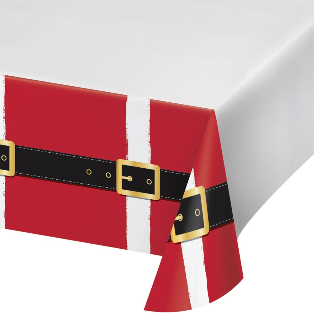 Red plastic tablecover with white trim and a black belt with gold buckle design.