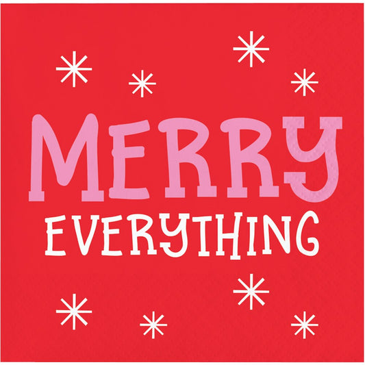 Red square beverage napkin with "Merry Everything" in playful pink and white letters, decorated with white starburst accents.