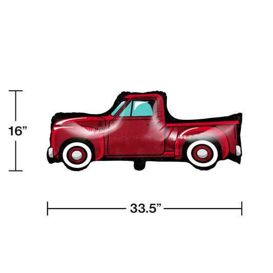 Red vintage pickup truck foil balloon with black outlines and whitewall tires, 18 inches long.