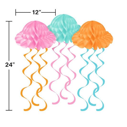Pink, teal, and orange honeycomb jellyfish decorations with long curled ribbon tentacles, each 12" wide and 24" long.