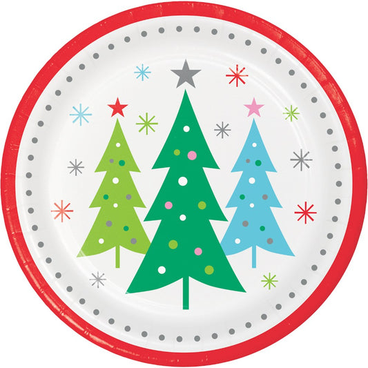 Round paper plate with red rim and three colorful Christmas trees decorated with dots and stars on white background.