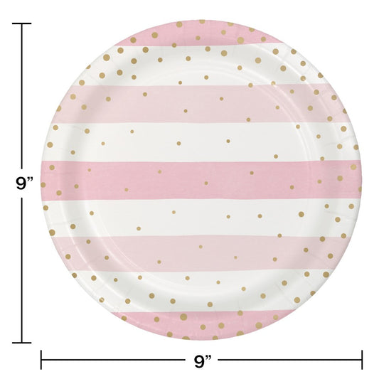 9-inch round paper plate with alternating pink and white stripes and scattered gold foil polka dots.