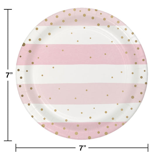 7-inch round paper plate with pink and white horizontal stripes and gold confetti dots.