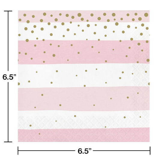 Square lunch napkin with alternating pink and white horizontal stripes, decorated with scattered gold polka dots.