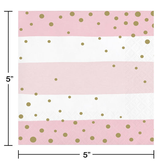 Pink and white striped beverage napkin with scattered gold foil polka dots, 5x5 inches.