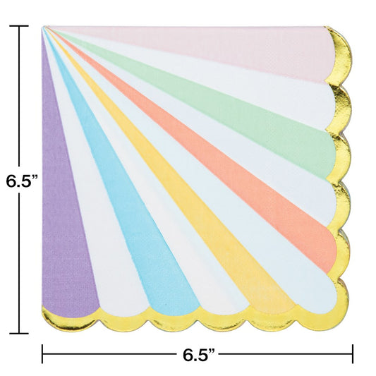Square pastel luncheon napkins with scalloped gold foil edges, 6.5 inches, 16 count.