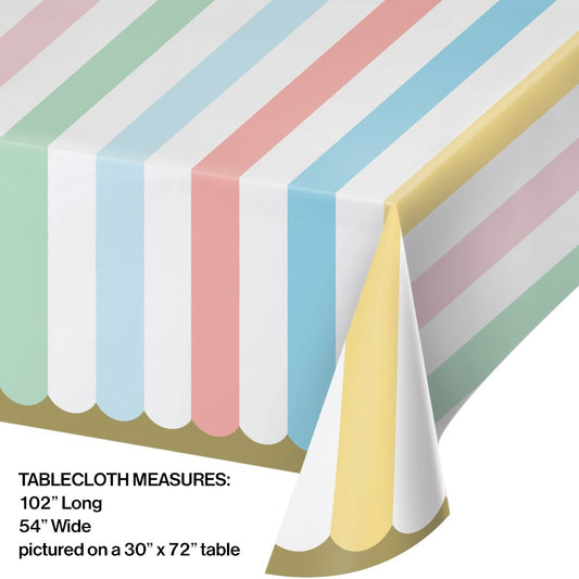Pastel paper tablecover with vertical stripes in green, white, pink, blue, yellow, and lavender, scalloped edges, 54x102.