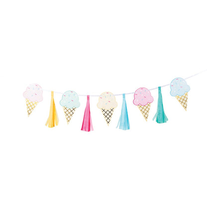 Colorful ice cream cone and tassel party banner with pink, blue, yellow, and gold foil accents.